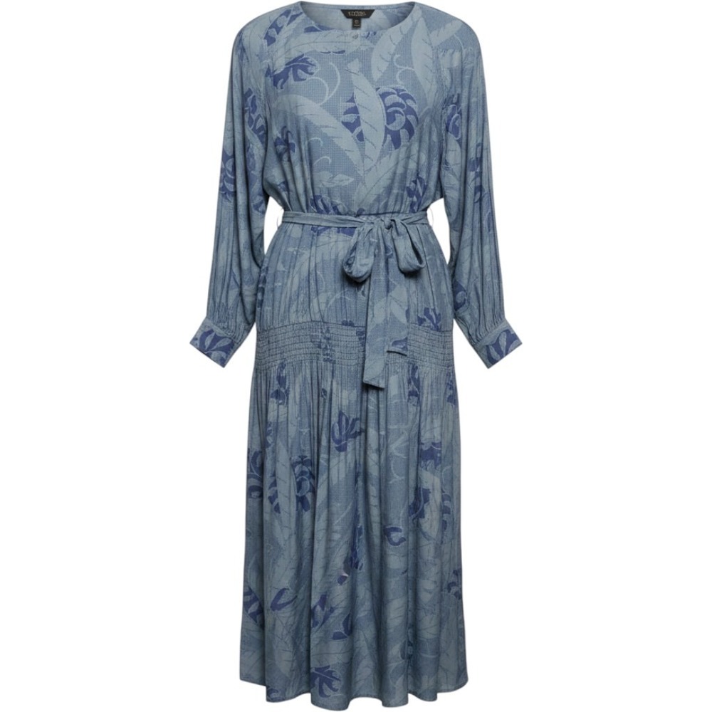 Nicole Miller Blue Tropical Leaf Print Smocked Drop Waist Midi Dress sz L